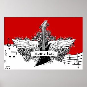 Electric guitar black white red wings print poster