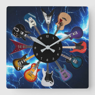 Electric Guitar Circle Blue Lightning Square Wall Clock