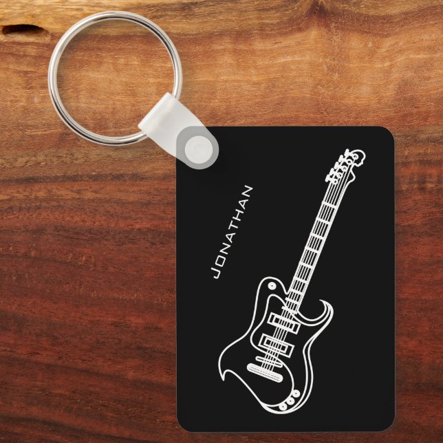 Electric Guitar Modern Minimal Black Personalised Key Ring (Front)