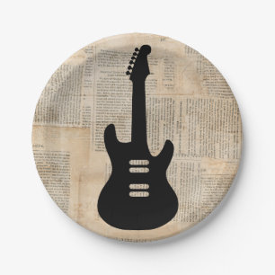 Electric Guitar Music Art with Newspaper Text Paper Plate