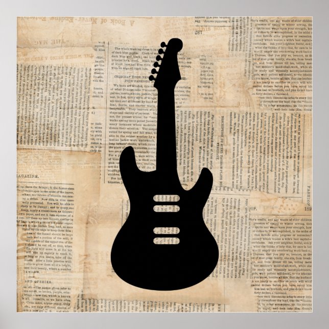 Electric Guitar Music Art with Newspaper Text Poster (Front)