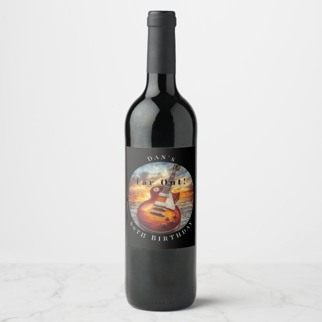Electric Guitar Ocean Sunset Music Notes Wine Label (Front)