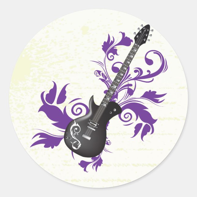Electric guitar on purple leaves custom products classic round sticker (Front)