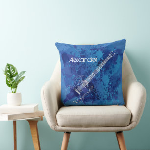 Electric Guitar Outline Blue Paint Splats Cushion