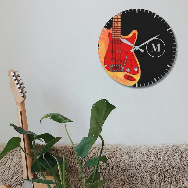 Electric Guitar personalised Large Clock (Electric guitar monogram black wall clock)
