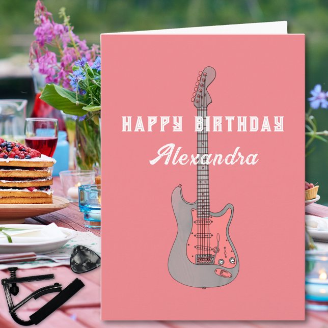 Electric Guitar Pink Guitarist Girls Birthday Card (Pink electric guitar personalized happy birthday greetings card)