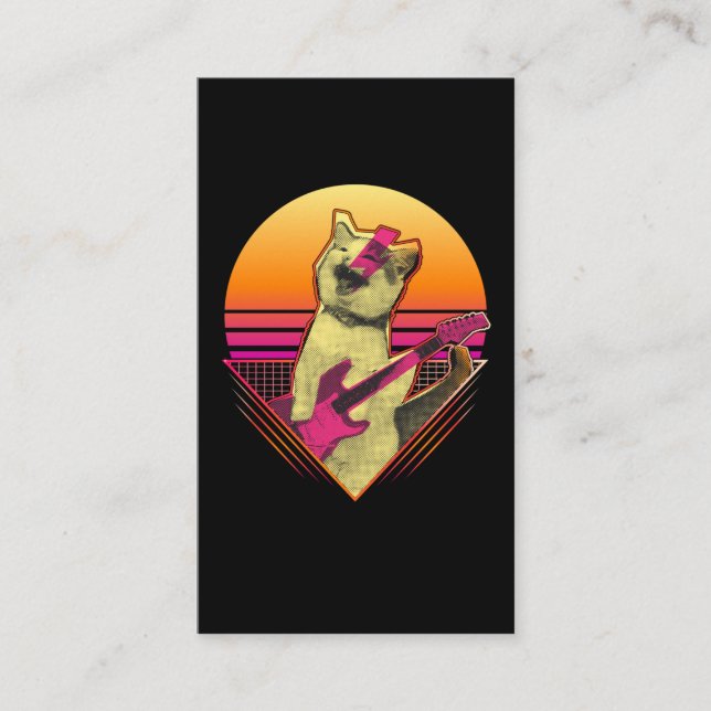 Electric Guitar playing Cat Meow 80s 90s Vaporwave Business Card (Front)