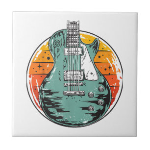 Electric Guitar Retro Sunset Vintage Music Band Gu Tile