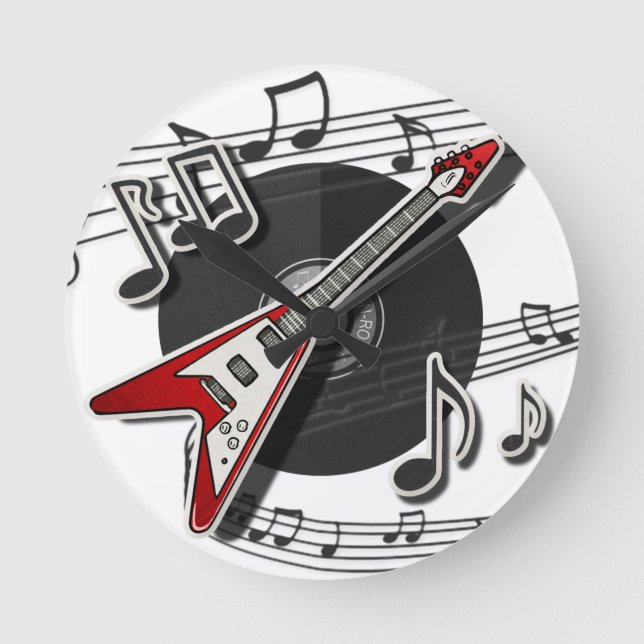 Electric Guitar Rock & Roll Notes Music Cool Round Clock (Front)
