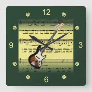 Electric Guitar~Rolled Sheet Music~Gold/Green Back Square Wall Clock
