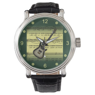 Electric Guitar~Rolled Sheet Music~Gold/Green Back Watch