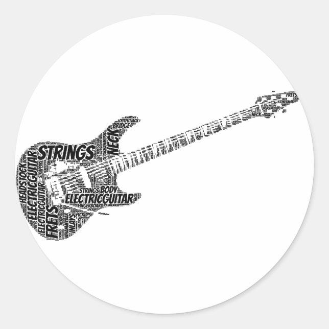 Electric Guitar Shaped Word Art Black Text Classic Round Sticker (Front)