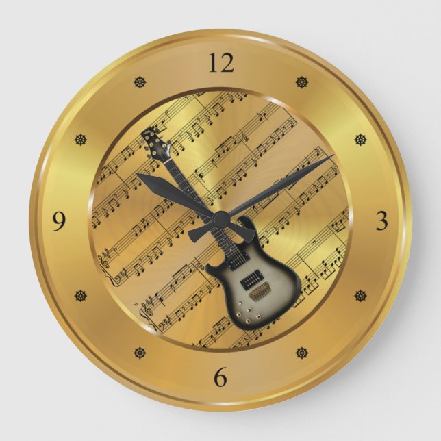 Electric Guitar ~ Sheet Music ~ Gold Background ~ Large Clock (Front)