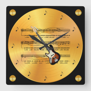 Electric Guitar ~ Sheet Music ~ Gold Record ~ Square Wall Clock