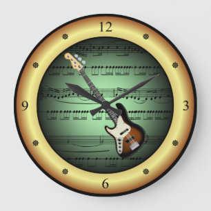 Electric Guitar~Sheet Music~Green/Gold Background~ Large Clock