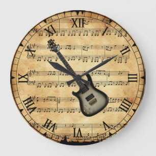 Electric Guitar ~ Vintage Sheet Music Background ~ Large Clock