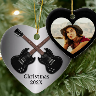 Electric Guitars Christmas Photo Heart Ceramic Tree Decoration