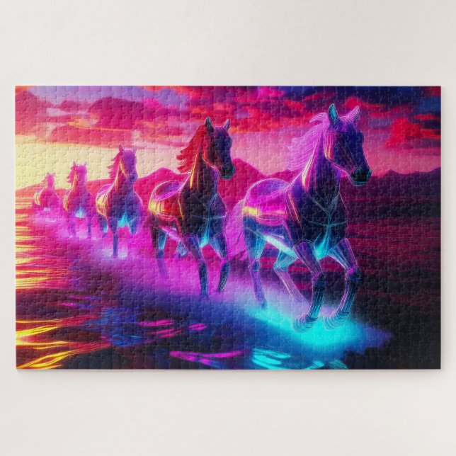 Electric Herd - Synthwave Horses Jigsaw Puzzle (Horizontal)
