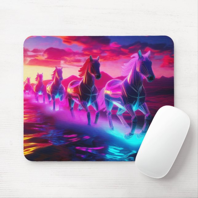 Electric Herd - Synthwave Horses Mouse Mat (With Mouse)