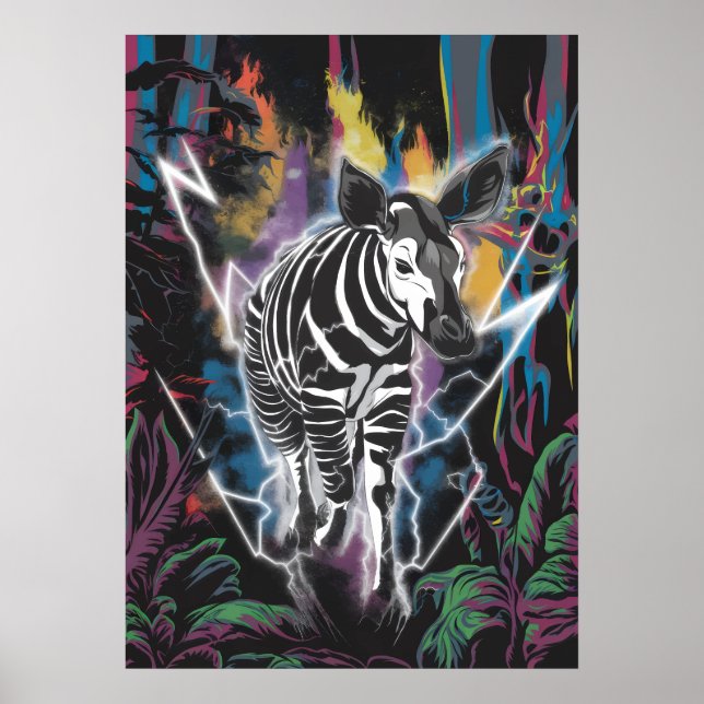 Electric Jungle Okapi with Neon Lightning Poster (Front)