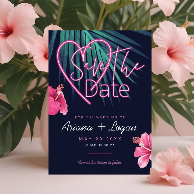 Electric Love Neon Pink Floral & Tropical Retro Save The Date (Electric Love Neon Pink Floral & Tropical Retro Save The Date)