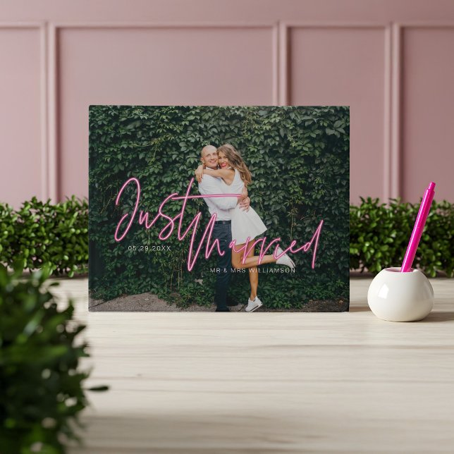 Electric Love Neon Pink Just Married Photo Guest Book (Electric Love Neon Pink Just Married Photo Guest Book)