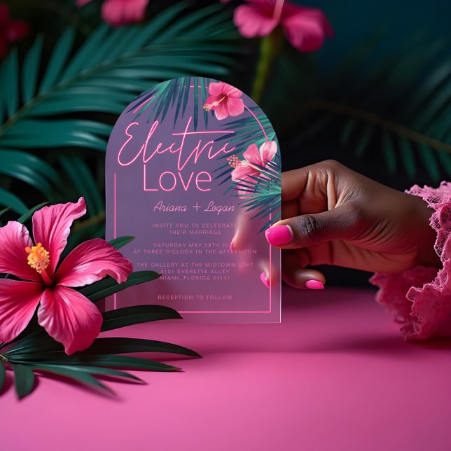 Electric Love Neon Pink Tropical Retro Wedding Acrylic Invitations (Electric Love Neon Pink Tropical Retro Wedding Acrylic Invitations)