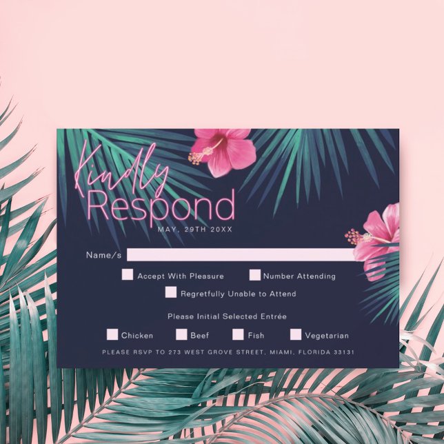 Electric Love Neon Pink Tropical Retro Wedding RSVP Card (Creator Uploaded)