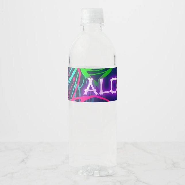 Electric Luau Tropical Night Neon Aloha Party Water Bottle Label (Front)
