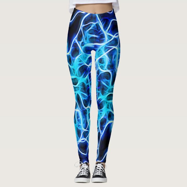 Electric Neon Blue Tesla Coil Lightning Leggings (Front)