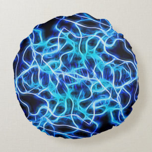 Electric Neon Blue Tesla Coil Lightning Round Cushion