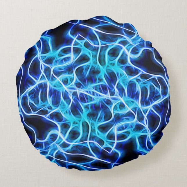 Electric Neon Blue Tesla Coil Lightning Round Cushion (Back)