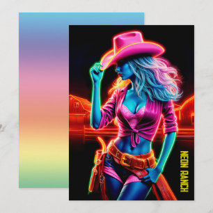 Electric neon farm girl in pink hat under night invitation
