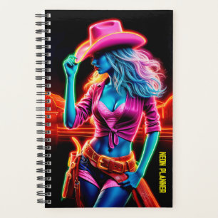Electric neon farm girl in pink hat under night planner