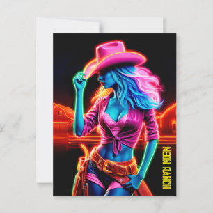 Electric neon farm girl in pink hat under night postcard