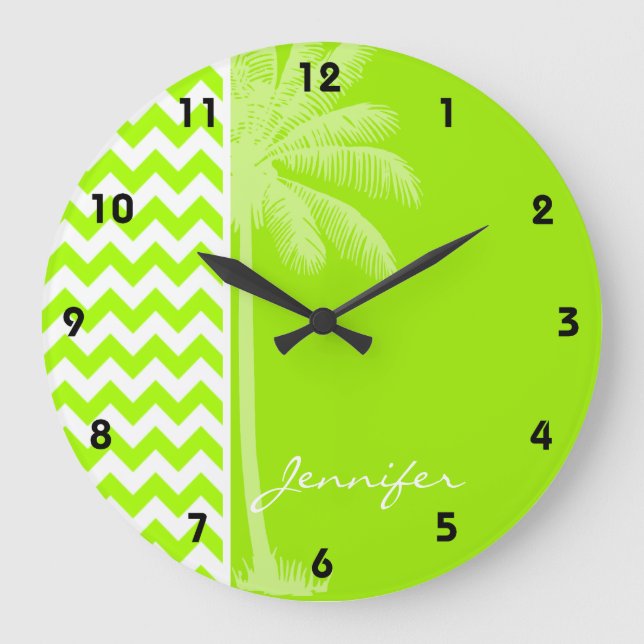 Electric Neon Lime Green Chevron; Tropical Palm Large Clock (Front)