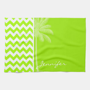 Electric Neon Lime Green Chevron; Tropical Palm Tea Towel