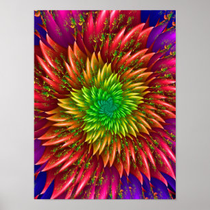 Electric Neon Sunflower Burst Floral Fractal Poster
