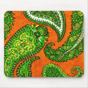 Electric Orange and Green Indian Paisley Mouse Mat