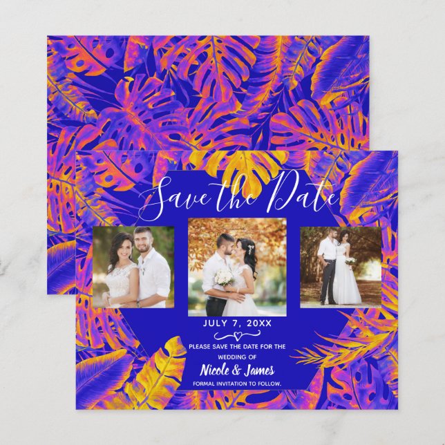 Electric Orange Blue Tropical Leaves Save the Date (Front/Back)