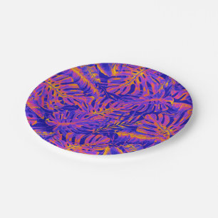 Electric Orange Blue Tropical Palm Leaves Wedding Paper Plate