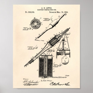 Electric Pen 1894 Patent Art Old Peper Poster