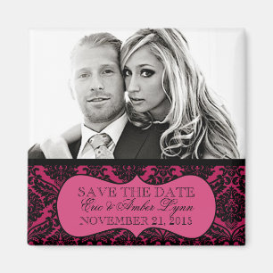 Electric Pink Lavish Damask Save the Date Magnet