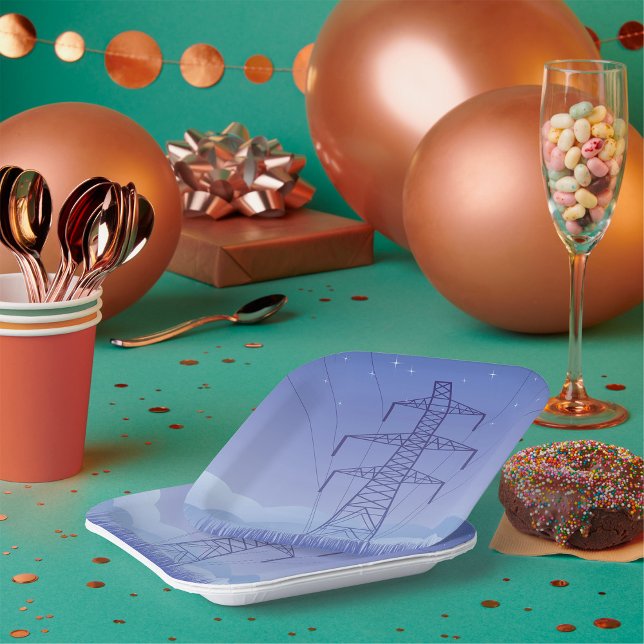 Electric Power Transmission Tower at Night Sky Paper Plate (Creator Uploaded)