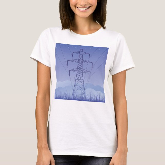 Electric Power Transmission Tower at Night Sky T-Shirt (Front)