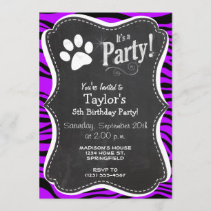 Electric Purple Zebra Stripes; Paw Print Invitation