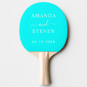 Electric Retro Cyan Couple Names with Wedding Date Ping Pong Paddle