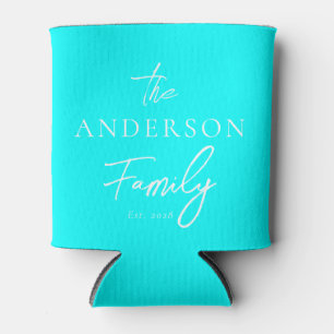 Electric Retro Cyan Hand Written Family Name Can Cooler