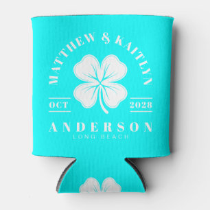 Electric Retro Cyan Irish Clover Wedding Crest Can Cooler