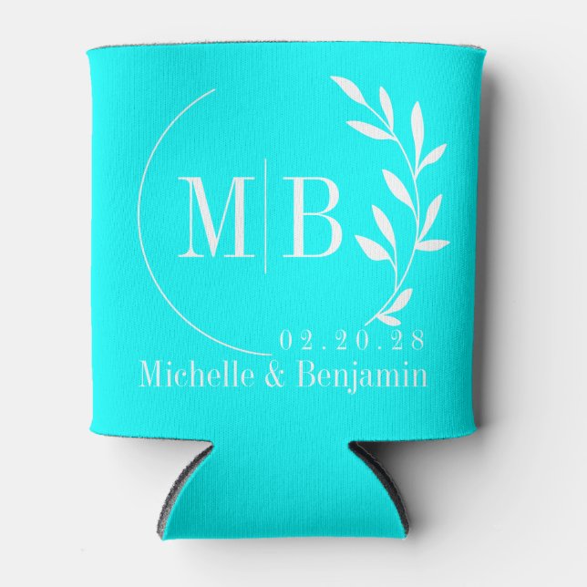 Electric Retro Cyan Leaf Wedding Monogram Can Cooler (Front)